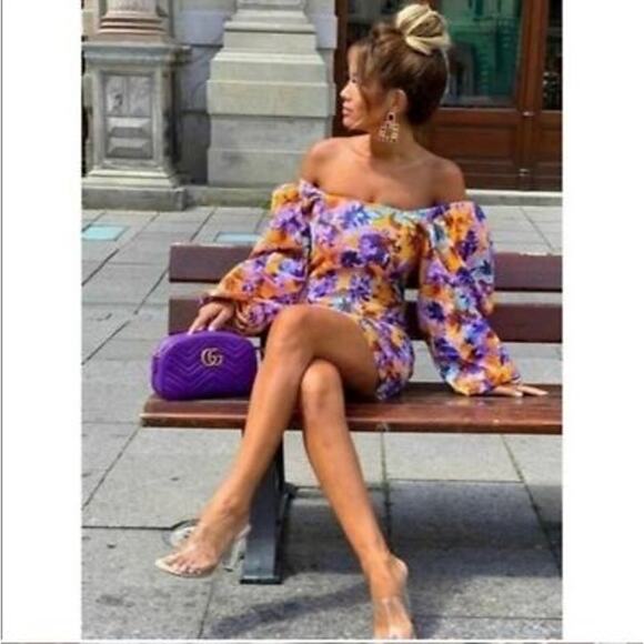 NWT Zara Camilla Puff Sleeve Mini Dress Size Medium Yellow Floral Long Sleeve - Picture 2 of 11